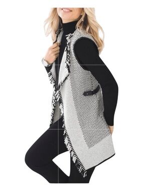 CHICO'S Gigi Fringed Vest in Black & Off-White, Wool Blend, Size 0=S/4.
